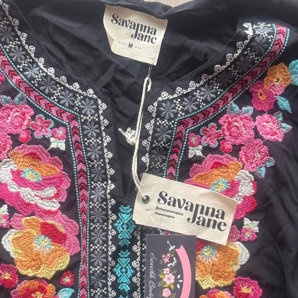 Savanna Jane Black Rayon Top with Pink and Orange Embroidery - Picture 4 of 8